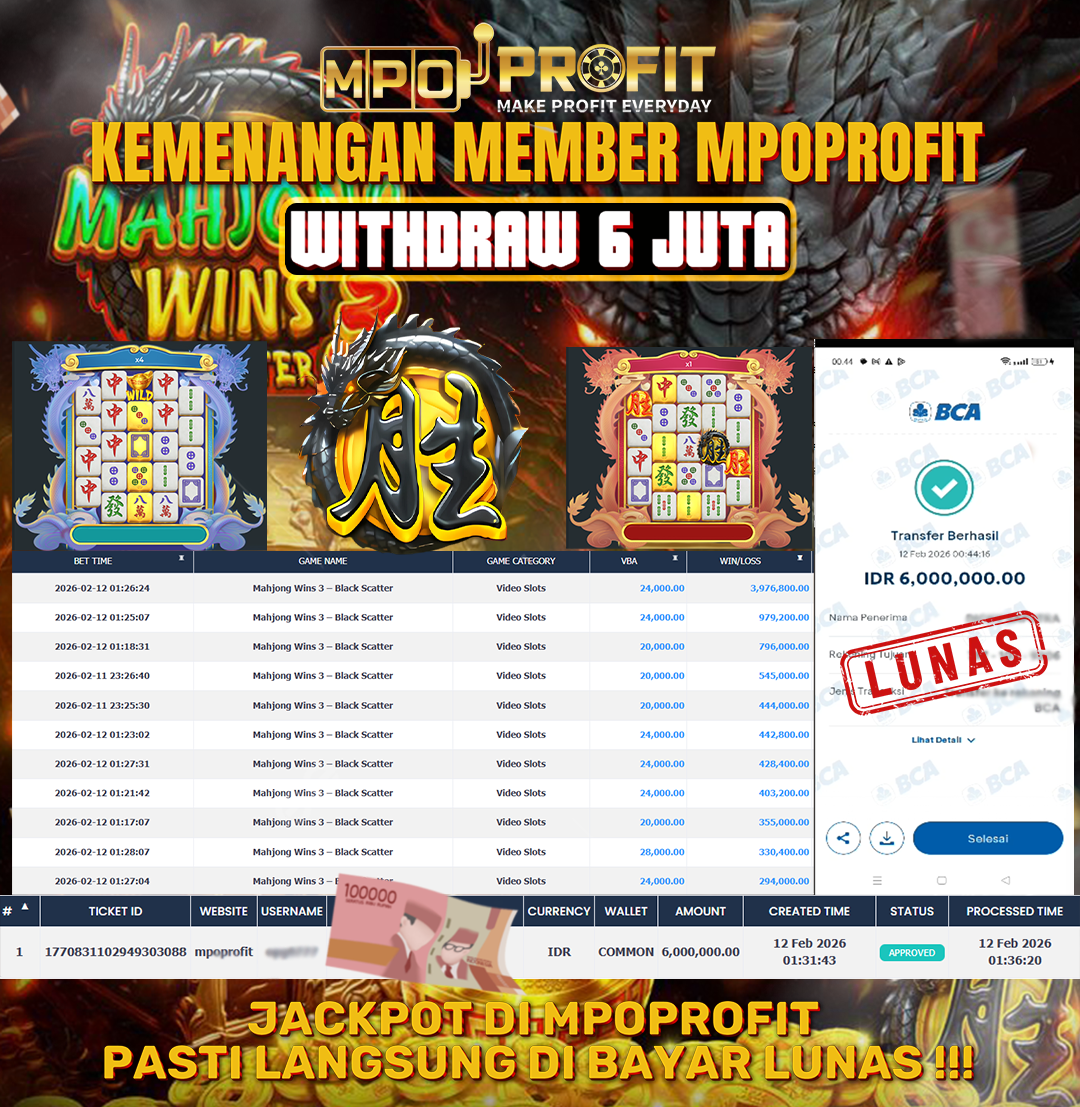 MPOPROFIT JACKPOT SLOT PRAGMATIC PLAY! KEMENANGAN MURNI DI (MAHJONG WINS 3 BLACK SCATTER TOTAL RP. 6.000.000,- LUNAS)